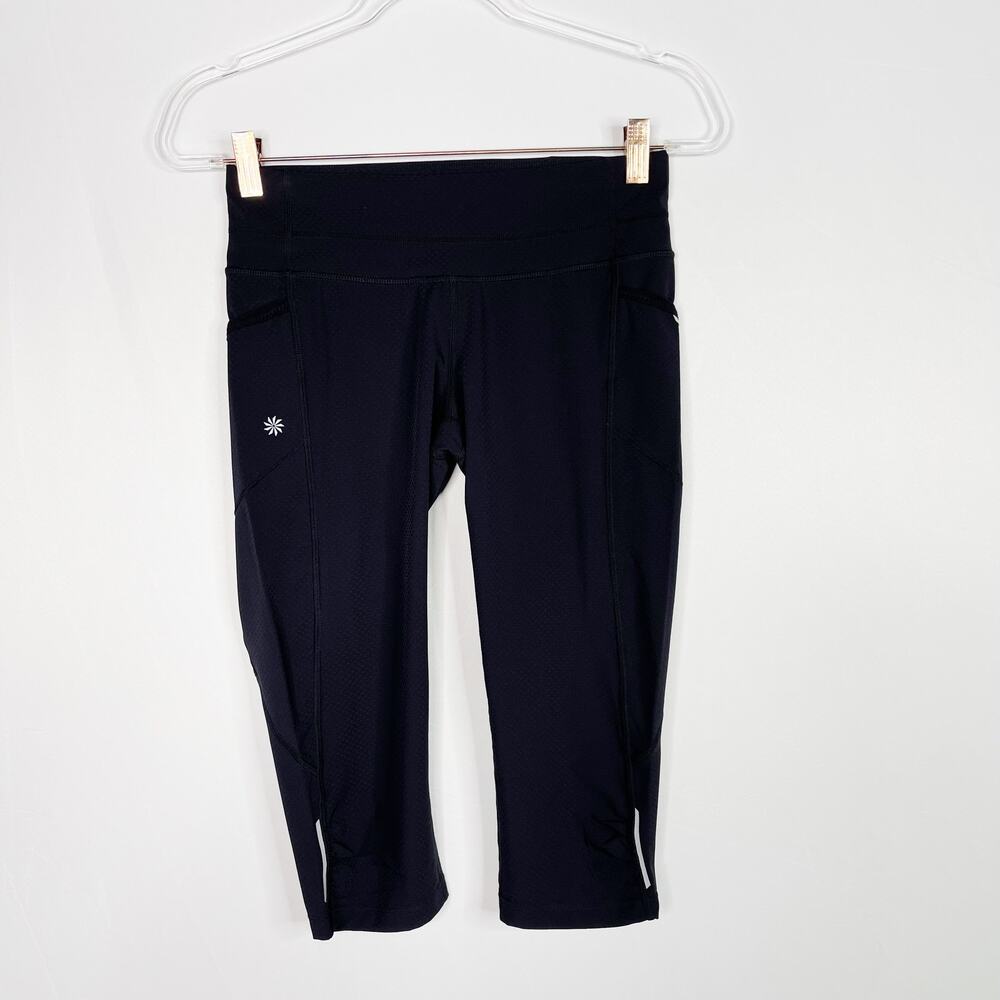 Athleta Black XSmall XS Mesh Textured Crop Capri Leggings Workout Running Pocket